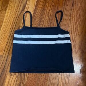 Navy blue tank with 2 white stripes size small.